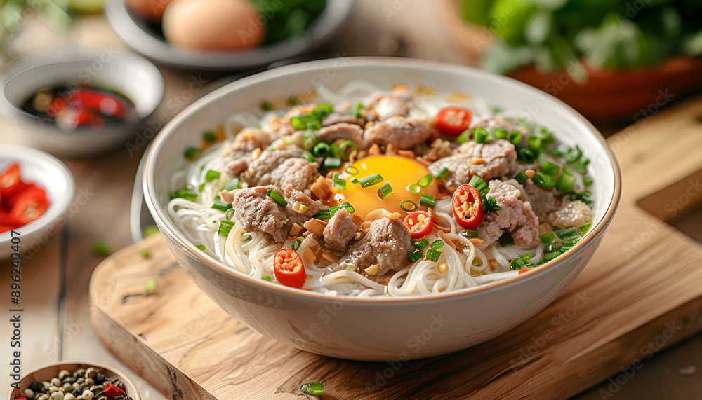 Bowl of delicious rice noodle soup with meat and egg on wooden board, closeup Bowl of delicious rice noodle soup with meat and egg on wooden board, closeup