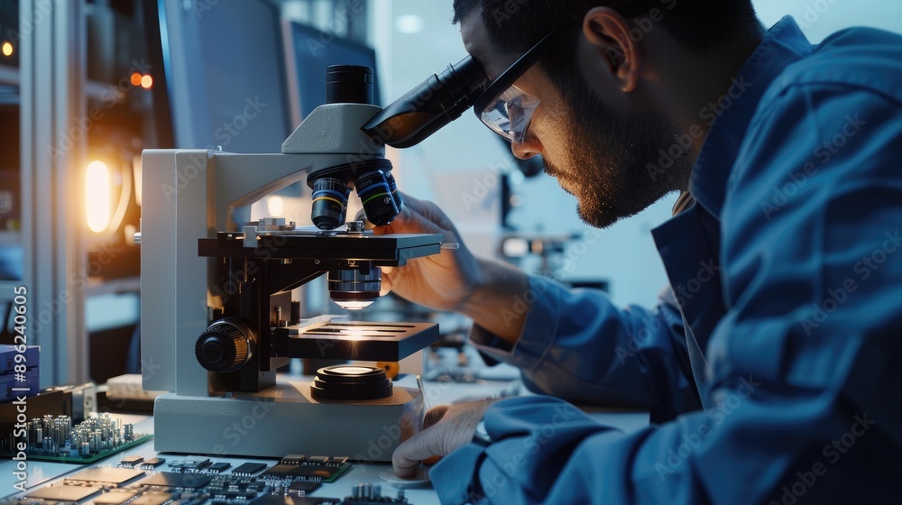 A technician using an electron microscope to inspect computer chips for microscopic defects and imperfections. A technician using an electron microscope to inspect computer chips for microscopic defects and imperfections.