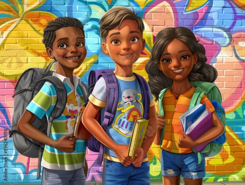 illustration of two boys and a girl of different ethnicities posing with each other equipped with backpacks, notebooks, books, heading to school happily. back to school concept.