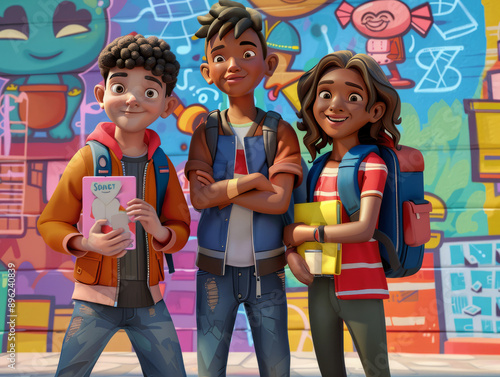 3D illustration of two boys and a girl of various ethnicities posing in front of the camera with backpacks