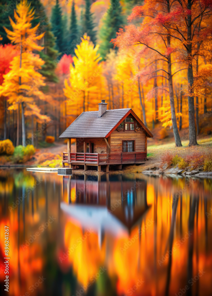 Fototapeta premium lake in the autumn forest, fall, yellow, red trees, foliage, leaves, water, pond, river, reflection, background, wallpaper, October, season, landscape, nature, beauty, travel, tourism, wood