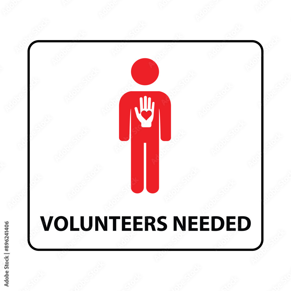 Red silhouette of a person in a rectangle with the text volunteers needed Red silhouette of a person in a rectangle with the text volunteers needed