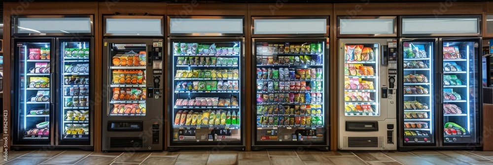 Fototapeta premium A wide-angle view of a modern convenience store featuring numerous vending machines filled with an assortment of snacks, drinks, and other goods