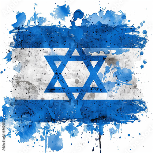 An artistic splattered paint representation of the Israeli flag on a white background.