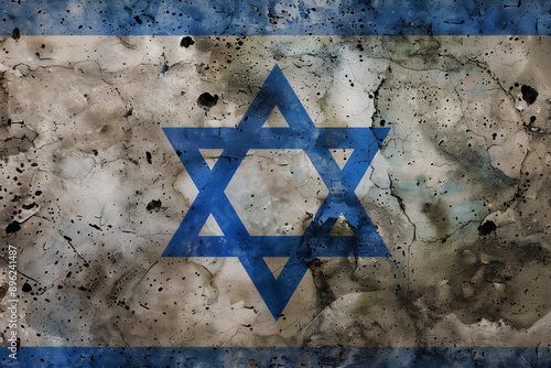 A weathered and peeling paint representation of the Israeli flag.