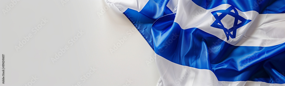 The Israeli flag draped in the corner of a white background. The Israeli flag draped in the corner of a white background.