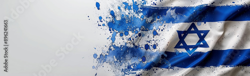 A depiction of the Israeli flag with blue paint splatters on a white background.