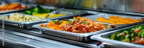 A metal tray holds a variety of meals, including a main dish with meat and vegetables, as well as side dishes. The trays are arranged on a buffet line in a school cafeteria