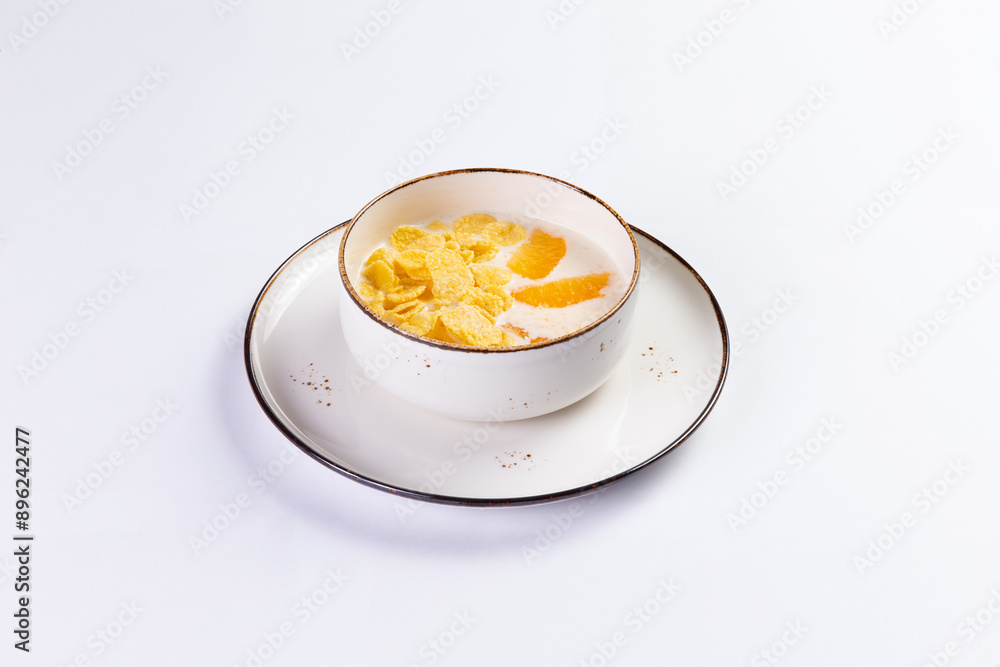 Cereals with milk with orange slices in a plate Cereals with milk with orange slices in a plate