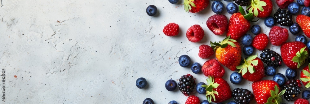 A close-up of fresh strawberries, blueberries, and raspberries arranged on a light surface A close-up of fresh strawberries, blueberries, and raspberries arranged on a light surface
