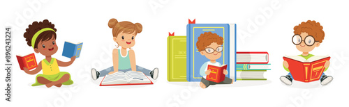 Kids Reading Books and Enjoying Literature Vector Set