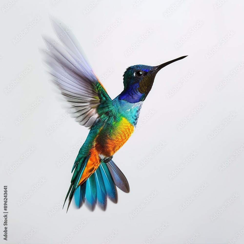 Fototapeta premium Colorful hummingbird in mid-flight isolated on white isolated white bakcground