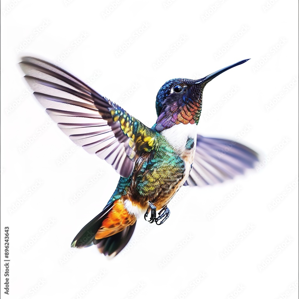 Naklejka premium Colorful hummingbird in mid-flight isolated on white isolated white bakcground