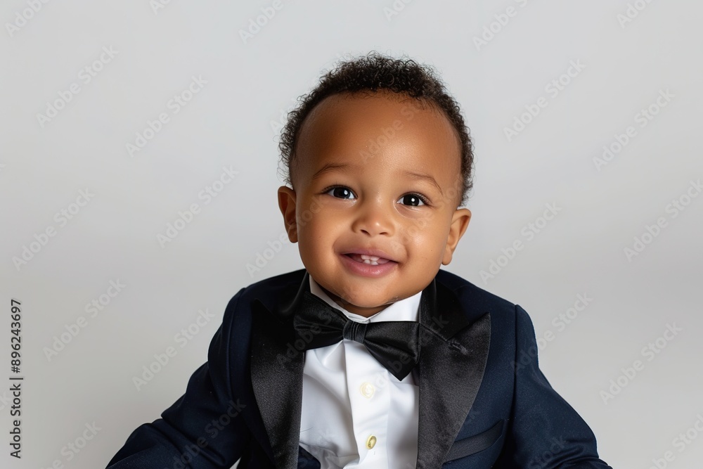 Cute baby boy in suit and bow tie isolated white background Cute baby boy in suit and bow tie isolated white background