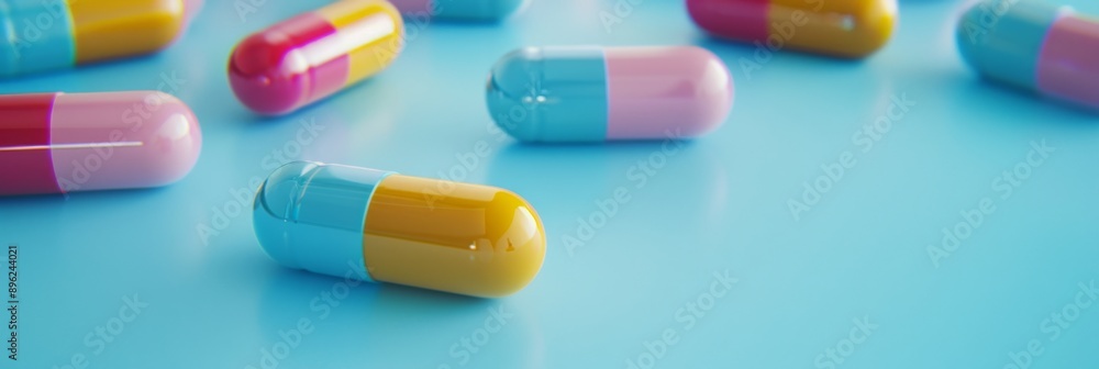 A close-up shot of colorful medication capsules neatly arranged on a light blue surface. The capsules are various colors, including red, pink, yellow, and blue A close-up shot of colorful medication capsules neatly arranged on a light blue surface. The capsules are various colors, including red, pink, yellow, and blue