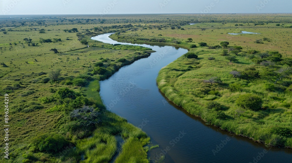 A meandering river cutting through a vast plain, reflecting the sky like a silver ribbon, with lush green vegetation lining its banks. A meandering river cutting through a vast plain, reflecting the sky like a silver ribbon, with lush green vegetation lining its banks.