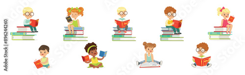 Kids Reading Books and Enjoying Literature Vector Set