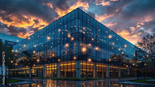 Modern Building with Glass Facade and Golden Lights at Sunset