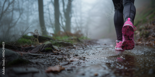 Close-up of female athlete legs wearing pink running shoes and jogging in the path of forest, autumn cold weather, healthy activity