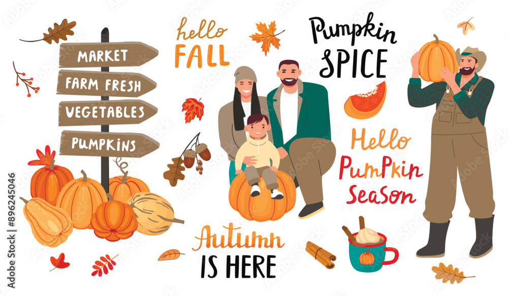 Fototapeta premium Autumn outdoor activities illustrations set with handwritten.White background with happy family,farmer,fall leaves,latter and pumpkins.Vector flat cartoon designs for use in banner template,postcard.