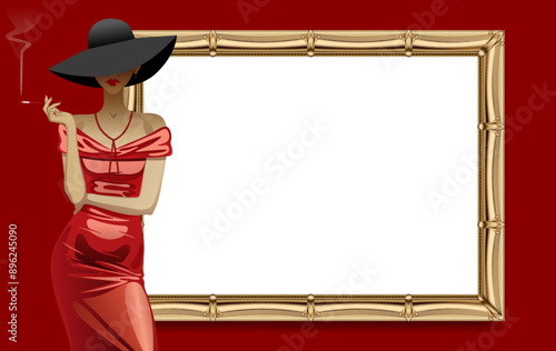 White blank template in gold classic frame and standing woman in shiny evening dress and hat with a cigarette in her hand on red background. Vector 
illustration in 3d style