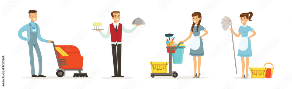 People Hotel Staff Character Engaged in Service Work Vector Set People Hotel Staff Character Engaged in Service Work Vector Set