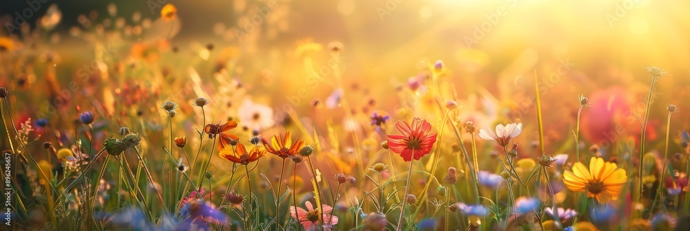 A meadow of wildflowers is bathed in golden sunlight at sunset, creating a warm and inviting atmosphere. Copy space is provided on the right side of the frame A meadow of wildflowers is bathed in golden sunlight at sunset, creating a warm and inviting atmosphere. Copy space is provided on the right side of the frame