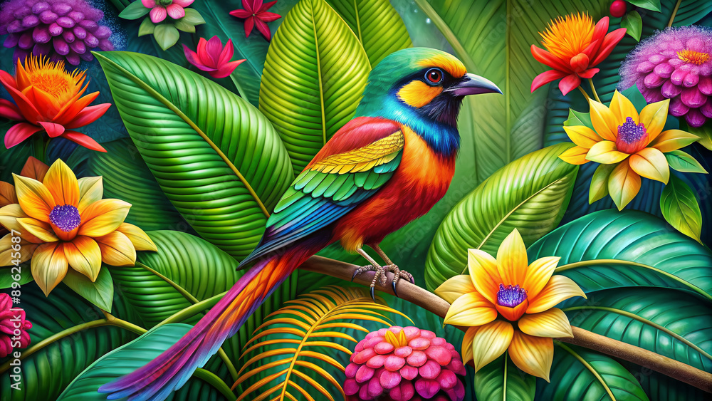 Vibrant exotic bird perched on palm frond amidst lush jungle foliage, colorful tropical flowers, and intricate leaf patterns create a stunning natural art wallpaper. Vibrant exotic bird perched on palm frond amidst lush jungle foliage, colorful tropical flowers, and intricate leaf patterns create a stunning natural art wallpaper.
