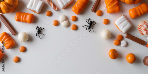 Halloween candy and sweets with spiders and cobwebs on a white background with  copy space for text photo