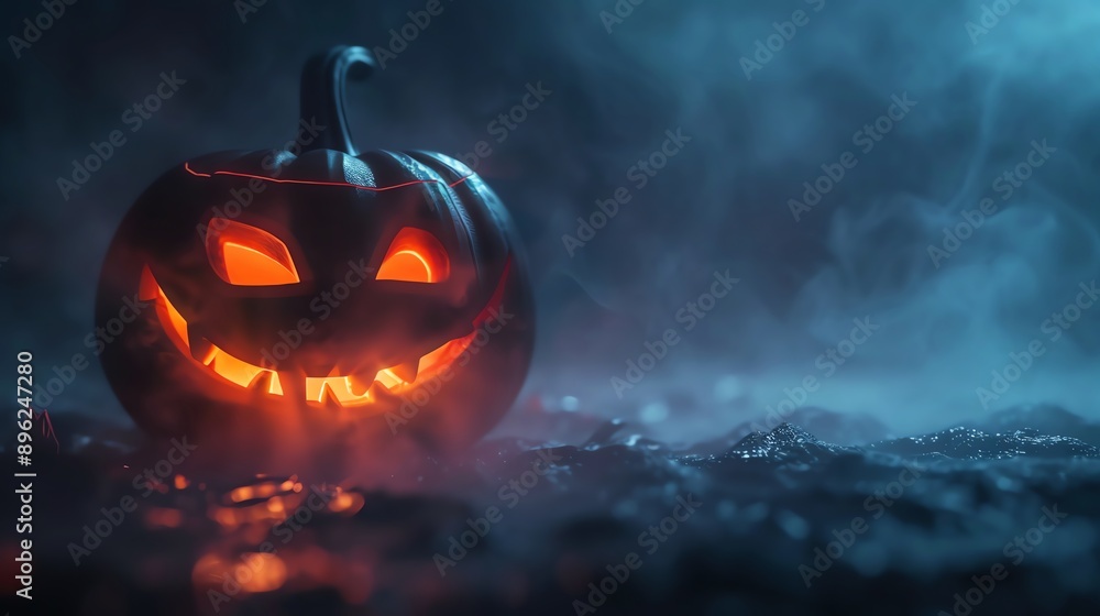Glowing Jack-O'-Lantern on a misty night, perfect for Halloween-themed designs and spooky seasonal decorations.