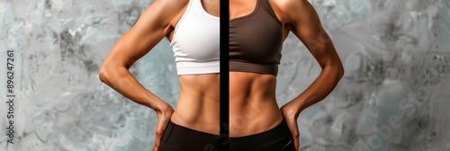 A woman stands with her hands on her hips, showcasing her toned abdominal muscles on the right side of the image. On the left, her less-toned abdominal muscles are shown photo