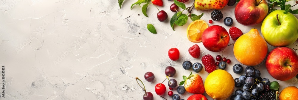 A topdown view of fresh summer fruits on a light surface with copy space A topdown view of fresh summer fruits on a light surface with copy space