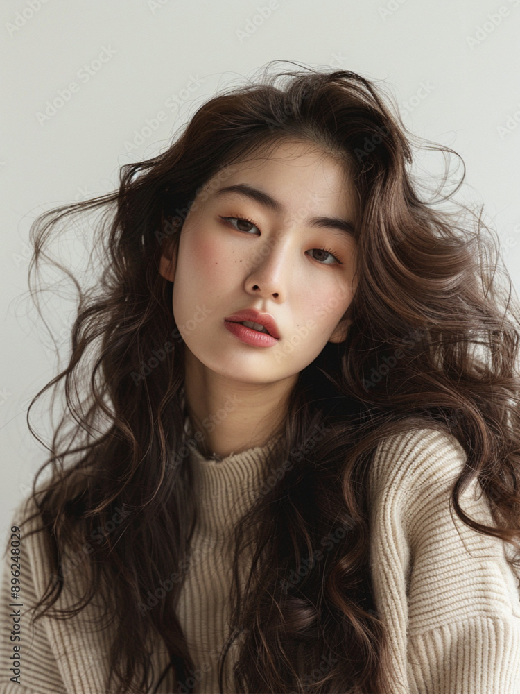 Beautiful model,korean allure,long brown big wave hair, photographed in a studio,natural pose, natural fashion, white background Beautiful model,korean allure,long brown big wave hair, photographed in a studio,natural pose, natural fashion, white background