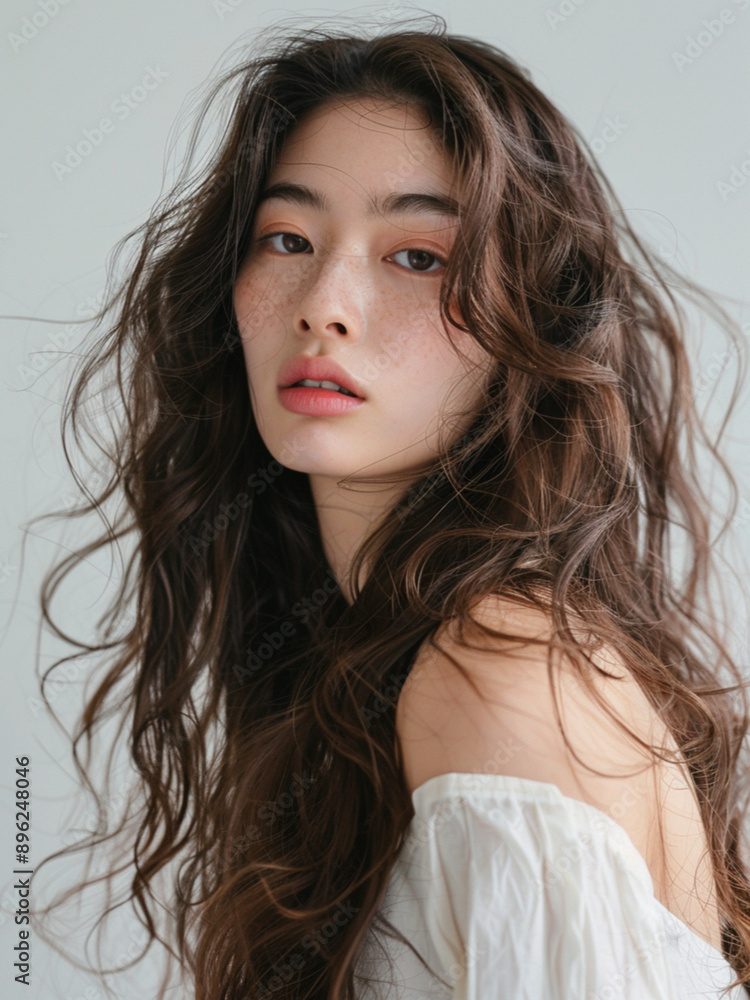Beautiful model,korean allure,long brown big wave hair, photographed in a studio,natural pose, natural fashion, white background Beautiful model,korean allure,long brown big wave hair, photographed in a studio,natural pose, natural fashion, white background