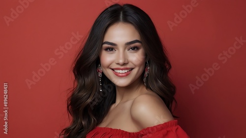 Wallpaper Mural Young woman in red holding red heart on red background with copy space for text. Torontodigital.ca