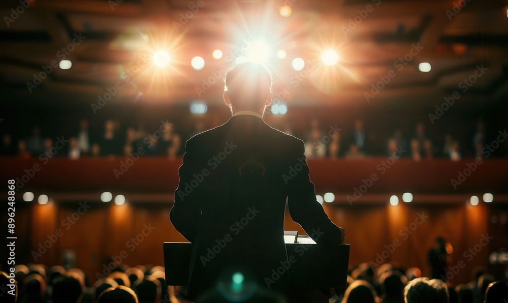Silhouette of a person speaking at a podium, orange backdrop. Free copy space for text. Silhouette of a person speaking at a podium, orange backdrop. Free copy space for text.