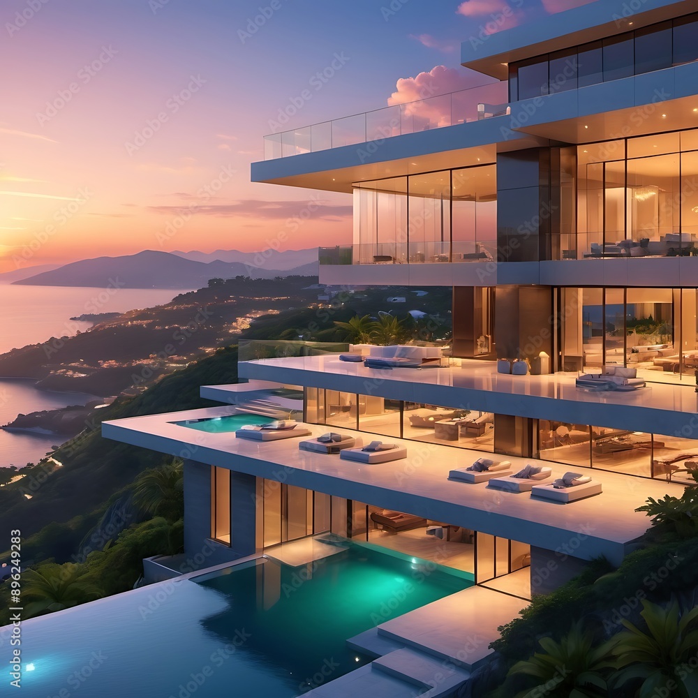 Fototapeta premium A luxurious, modern mansion with infinity pool and breathtaking views.