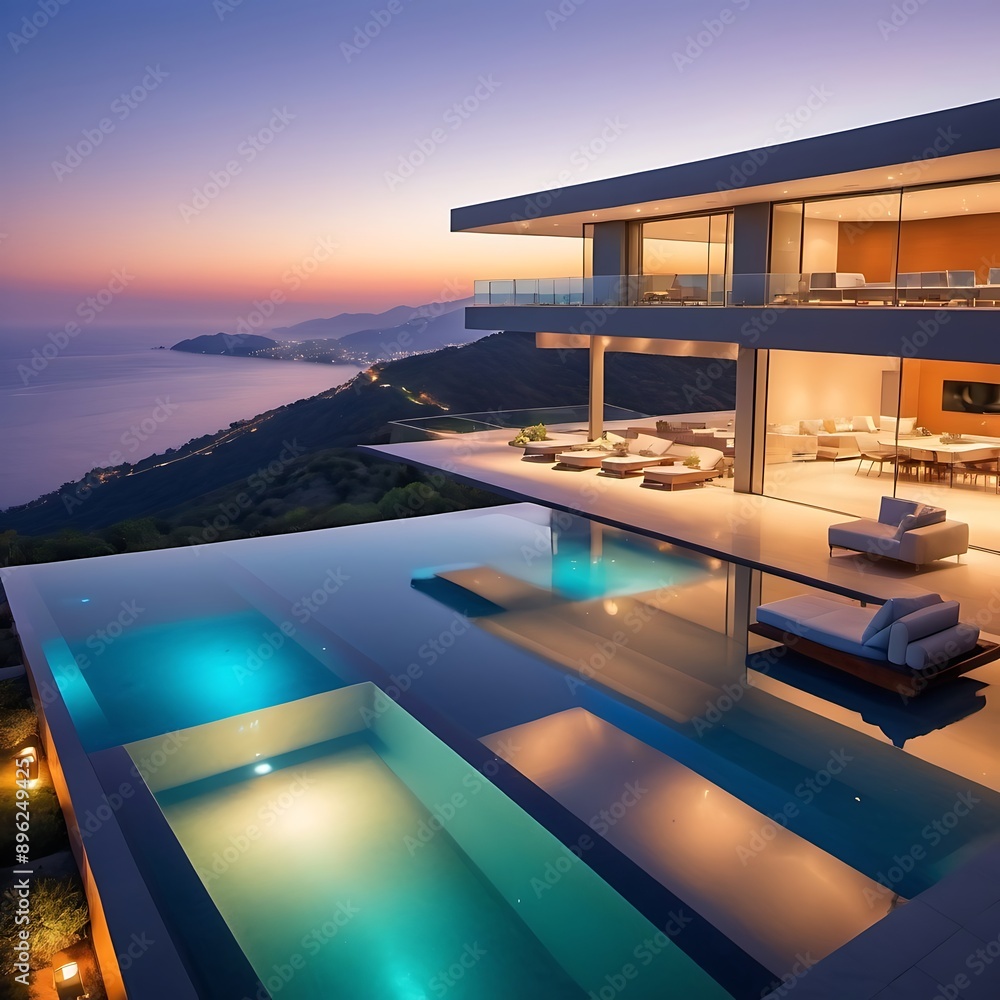 Fototapeta premium A luxurious, modern mansion with infinity pool and breathtaking views.