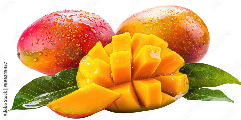 Ripe, juicy mangoes and half-sliced one with leaves on a transparent isolated background. Cut out. Ripe, juicy mangoes and half-sliced one with leaves on a transparent isolated background. Cut out.