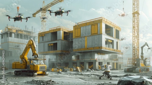 An automated construction site where drones and robots work together to assemble prefabricated building components. photo