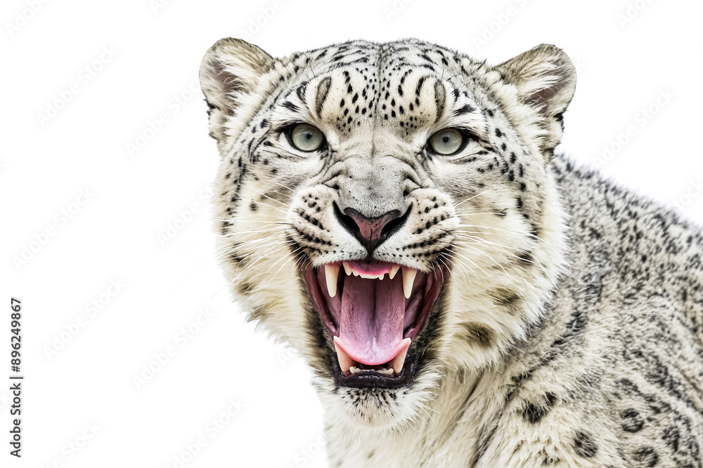Closeup of a Snow Leopard's Face with Open Mouth and Sharp Teeth Closeup of a Snow Leopard's Face with Open Mouth and Sharp Teeth