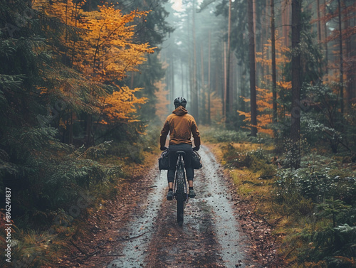 Cyclist Riding Through Autumn Forest on a Foggy Day