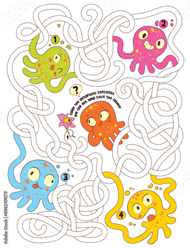 Children logic game to pass the maze. Color the octopuses tentacles and find out who gave the flower. Educational game for kids. Choose right path. Funny cartoon character. Worksheet page