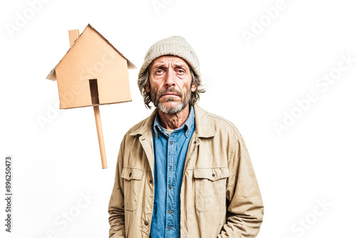 Sad man with cardboard house