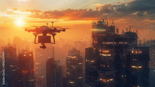 An autonomous drone delivering packages to high-rise buildings against the backdrop of a setting sun, illustrating the integration of technology in logistics. photo