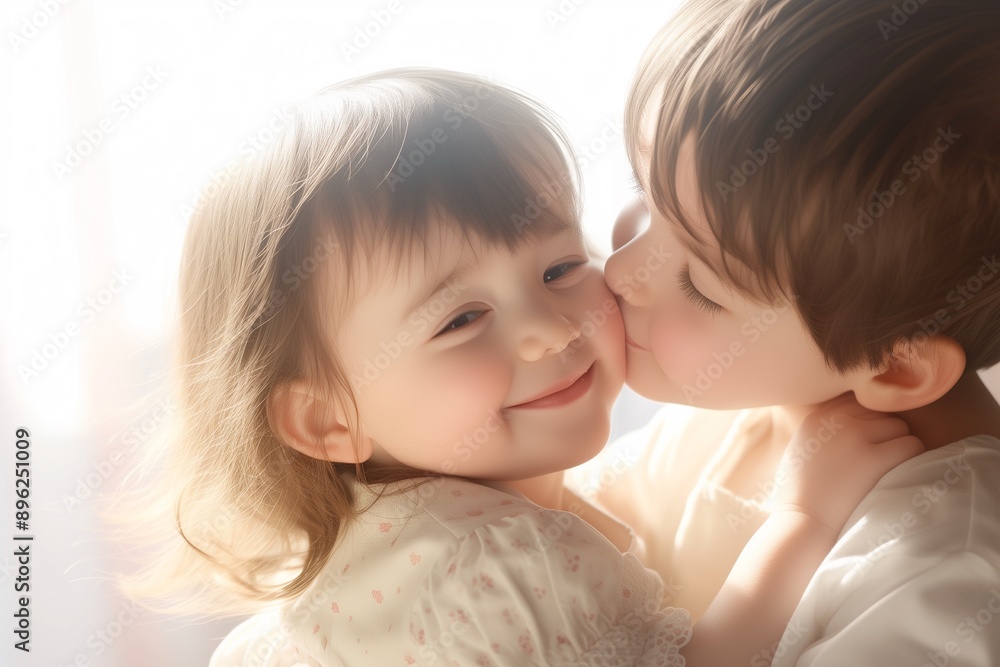 A little boy kisses his cute little sister A little boy kisses his cute little sister
