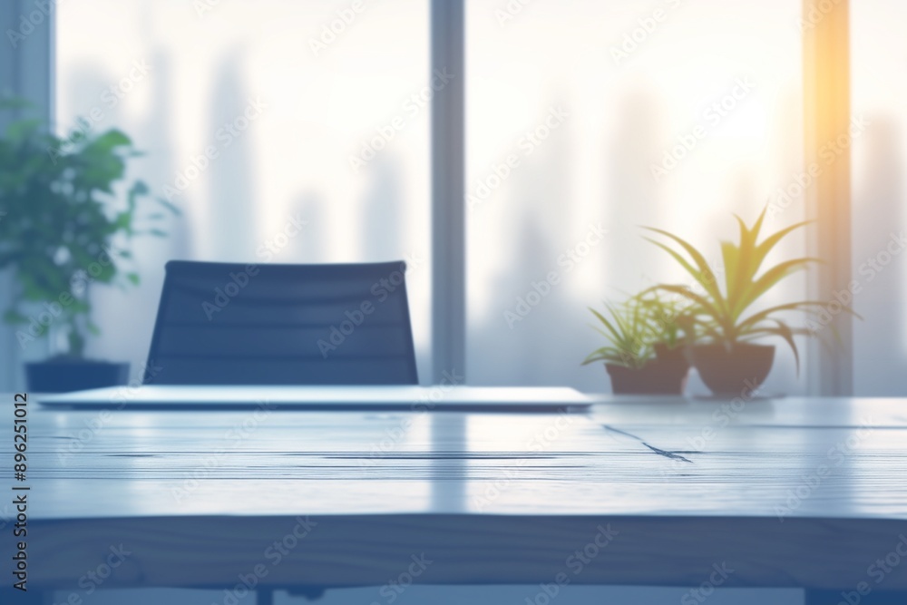 Wooden desk on blurred office interior background Wooden desk on blurred office interior background