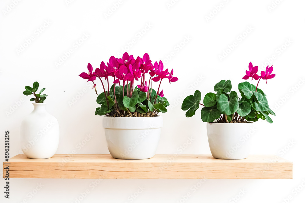 Three potted plants on a wooden shelf against a white wall Three potted plants on a wooden shelf against a white wall