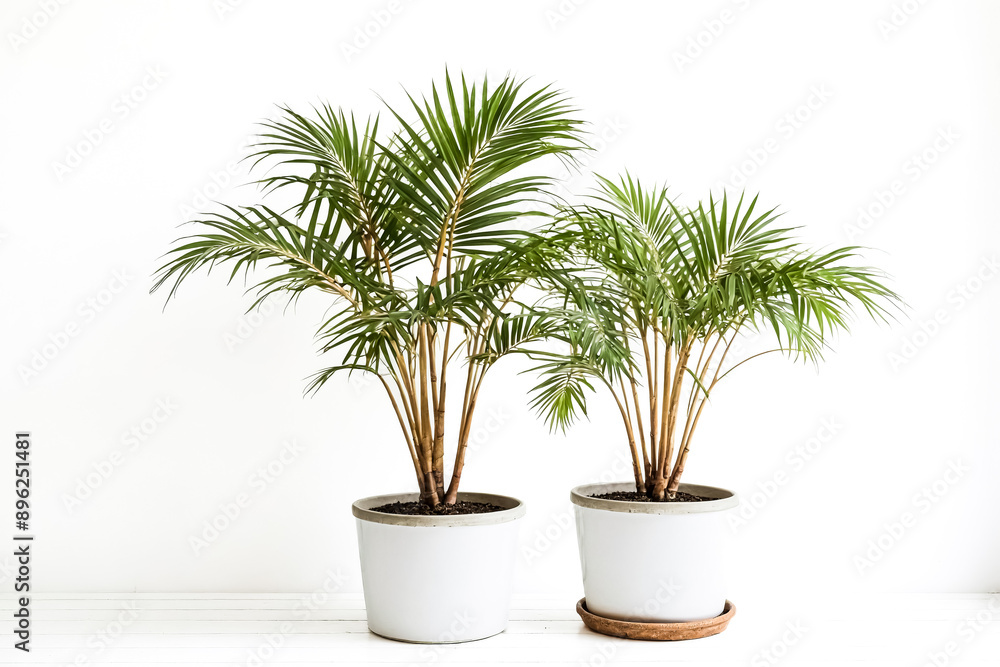 Two potted palm trees against a white wall Two potted palm trees against a white wall