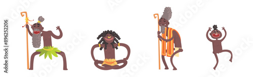 Barefoot African Aboriginal People Character Dressed in Traditional Tribal Clothing Vector Set